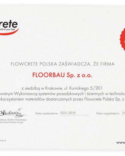 Certyfikat Autoryzacji Flowcrete   Floorbau 1